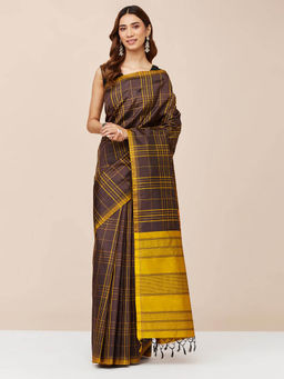 Fabindia - Brown Silk Checks Saree without Blouse