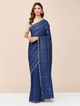 Fabindia - Blue Silk Woven Saree without Blouse