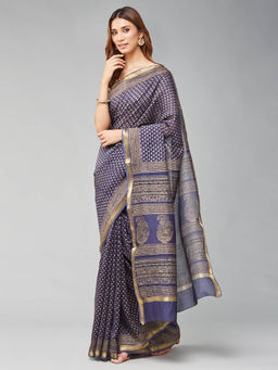 Fabindia - Navy Cotton Silk Blend Printed Saree without Blouse