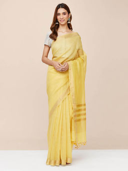 Fabindia - Yellow Cotton Silk Blend Woven Saree without Blouse