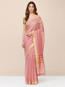 Fabindia - Pink Cotton Silk Blend Woven Saree without Blouse