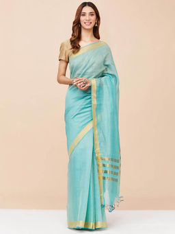 Fabindia - Turquoise Cotton Silk Blend Woven Saree without Blouse