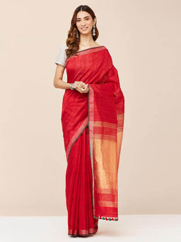 Fabindia - Red Silk Blend Woven Saree without Blouse