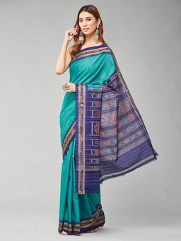 Fabindia - Teal Cotton Woven Saree without Blouse