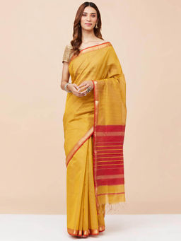 Fabindia - Yellow Cotton Silk Blend Woven Saree without Blouse