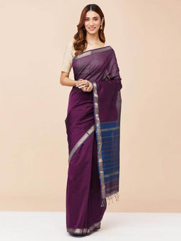 Fabindia - Purple Cotton Silk Blend Woven Saree without Blouse