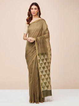 Fabindia - Green Cotton Silk Blend Saree without Blouse