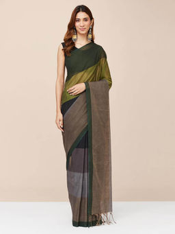 Fabindia - Green Cotton Woven Saree without Blouse