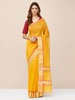 Fabindia - Mustard Cotton Silk Blend Woven Saree without Blouse