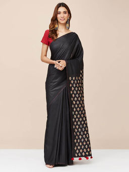 Fabindia - Black Silk Embroidered Saree without Blouse