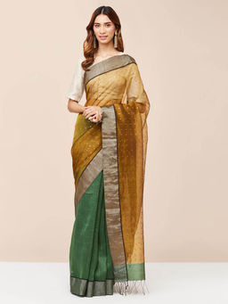 Fabindia - Green Linen Blend Woven Saree without Blouse