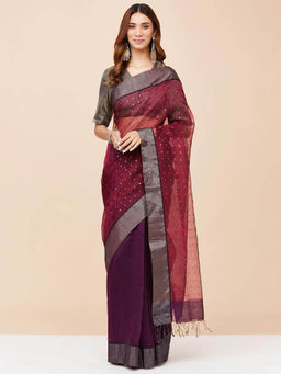 Fabindia - Purple Linen Blend Woven Saree without Blouse