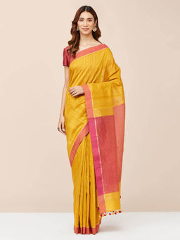 Fabindia - Mustard Silk Woven Saree without Blouse