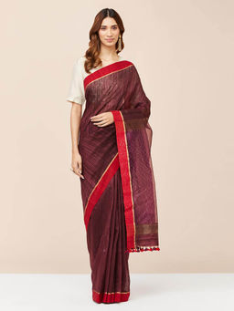 Fabindia - Wine Silk Woven Saree without Blouse
