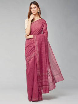 Fabindia - Pink Cotton Silk Blend Woven Saree without Blouse