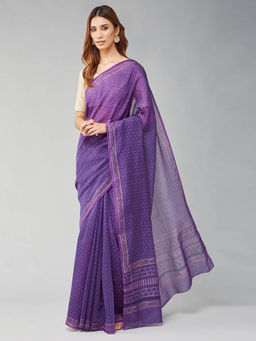 Fabindia - Purple Cotton Silk Blend Woven Saree without Blouse