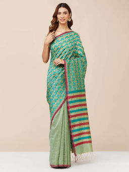 Fabindia - Green Cotton Silk Blend Woven Saree without Blouse