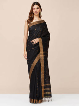 Fabindia - Black Silk Woven Saree without Blouse
