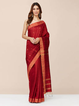 Fabindia - Maroon Silk Woven Saree without Blouse