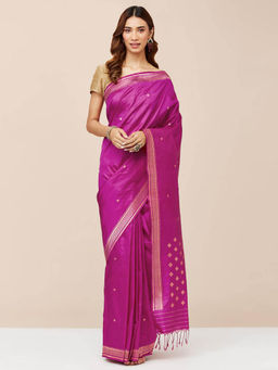 Fabindia - Magenta Silk Blend Woven Saree without Blouse