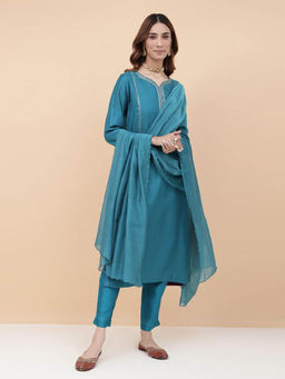 Fabindia - Teal Cotton Silk Woven Dupatta