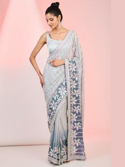 Meenagurnam - Grey Georgette Sequins Embroidered Ombre Saree with Stitched Blouse
