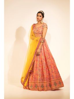 Meenagurnam - Floral Peach Blossom Printed Lehenga with Blouse and Dupatta