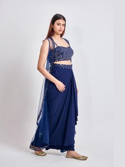 Meenagurnam - Navy Blue Drape Skirt with Blouse and Cape