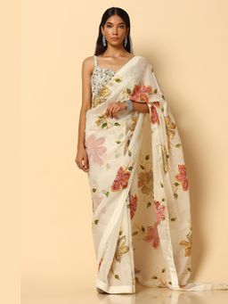Meenagurnam - Printed Ivory Saree with Stitched Blouse
