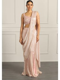 Meenagurnam - One Side Slit Rose Gold Draped Skirt with Blouse with Stitched