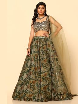 Meenagurnam - Printed Green Lehenga with Blouse and Dupatta