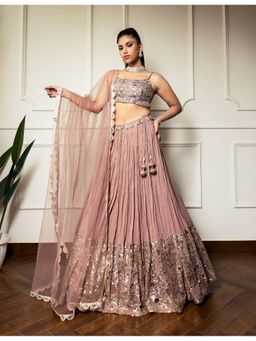 Meenagurnam - Rose Gold Net Hand Embroidered Lehenga with Choli and Dupatta