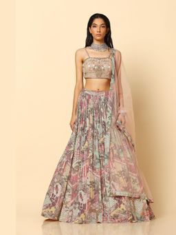 Meenagurnam - Blush Pink Printed Beige Sequence Lehenga with Choli and Dupatta