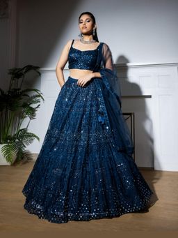 Meenagurnam - Navy Blue Jharokha Embroidered Lehenga With Blouse And Dupatta