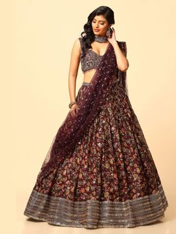 Meenagurnam - Printed Wine Lehenga With Blouse And Dupatta