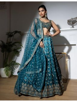 Meenagurnam - Blue Floral Jaal Embroidered Bridal Lehenga With Blouse And Dupatta