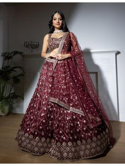 Meenagurnam - Floral Maroon Embroidered Bridal Lehenga With Blouse And Dupatta
