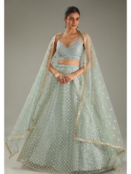 Meenagurnam - Sky Blue Net Zari Blue Embroidered Lehenga With Blouse And Dupatta
