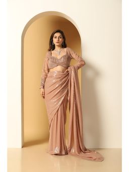 Meenagurnam - Rose Pink Georgette Cutdana Embroidered Saree With Stitched Blouse