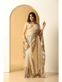 Meenagurnam - Sequin embroidery big border Gold Saree With Stitched Blouse