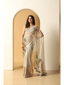 Meenagurnam - Sequin embroidery big border Grey Saree With Stitched Blouse