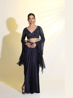 Meenagurnam - Elegant Navy Blue drape Skirt With Blouse And Dupatta