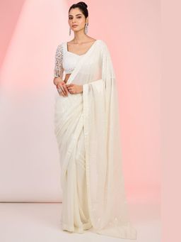 Meenagurnam - Ivory Georgette Hand Embellished Saree With Stitched Blouse