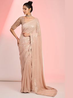 Meenagurnam - Rose Gold Georgette Hand Embellished Saree With Stitched Blouse