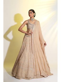 Meenagurnam - Golden Semi Bridal Beige Lehenga With Choli And Dupatta