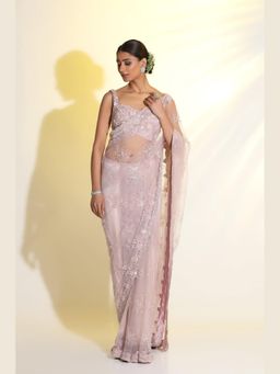 Meenagurnam - Sequin Sparkle: Hand-Embellished Pink Saree With Stitched Blouse