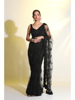 Meenagurnam - Black Indian Motif flower embroidered Saree With Stitched Blouse