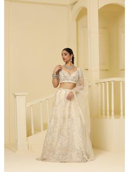 Meenagurnam - Net kalidar flower 3D Beige cutdana beads works Lehenga With Choli And Dupatta