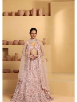 Meenagurnam - Rose Gold Net Kalidar beads work Lehenga With Choli And Dupatta