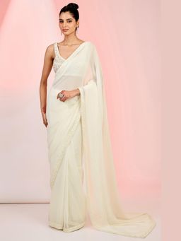 Meenagurnam - Ivory Georgette Hand Embellished Saree With Stitched Blouse